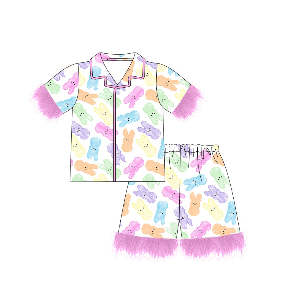 Baby Girl Fur Short Sleeves Easter Rabbits Buttons Shirt Shorts Pajamas Set RTS