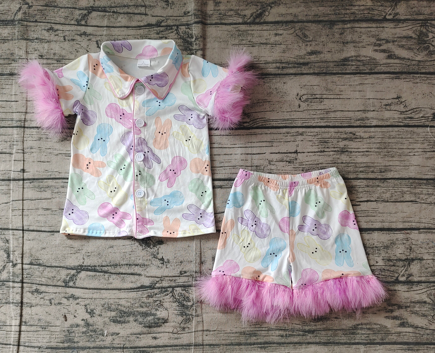Baby Girl Fur Short Sleeves Easter Rabbits Buttons Shirt Shorts Pajamas Set RTS