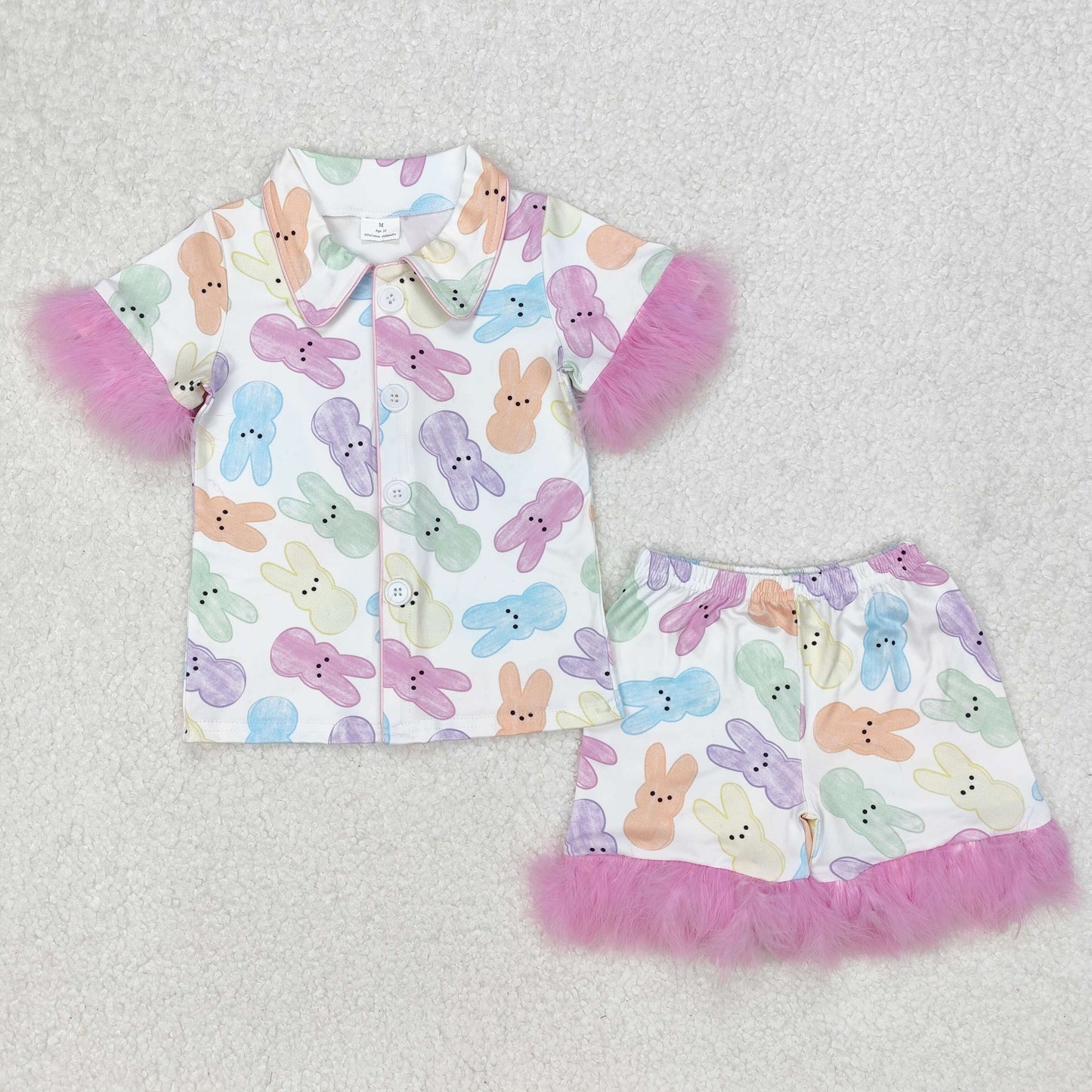 Baby Girl Fur Short Sleeves Easter Rabbits Bows Buttons Shirt Shorts Pajamas Sibling Set RTS