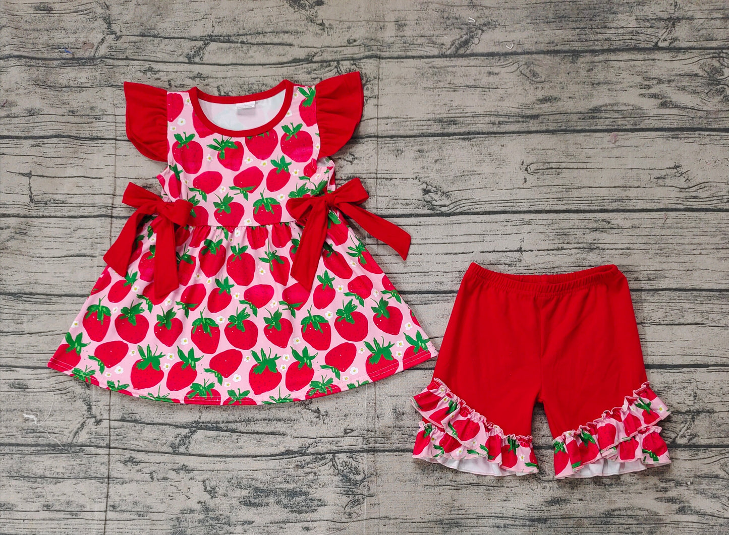 Baby Girl Short Sleeves Red Bows Strawberry Tunic Ruffle Shorts Set RTS