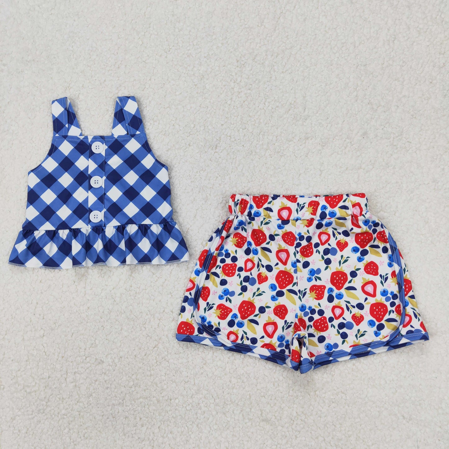 Baby Girl Toddler Sleeveless Buttons Tops Flower Strawberry Bows Shorts Clothes Sibling Summer Set RTS