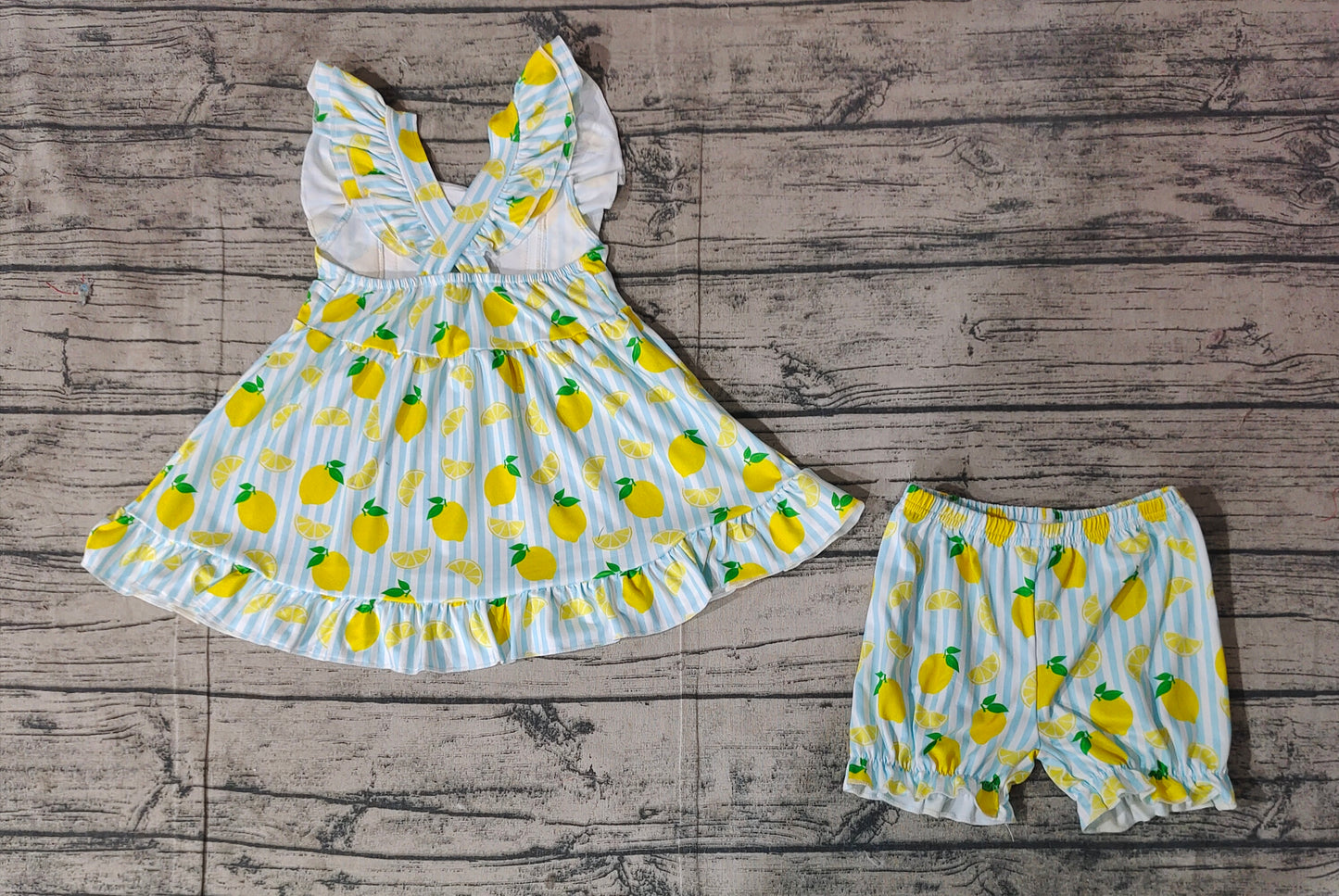 Baby Girl Ruffle Short Sleeves Mama's Tunic Lemon Stripes Shorts Set RTS