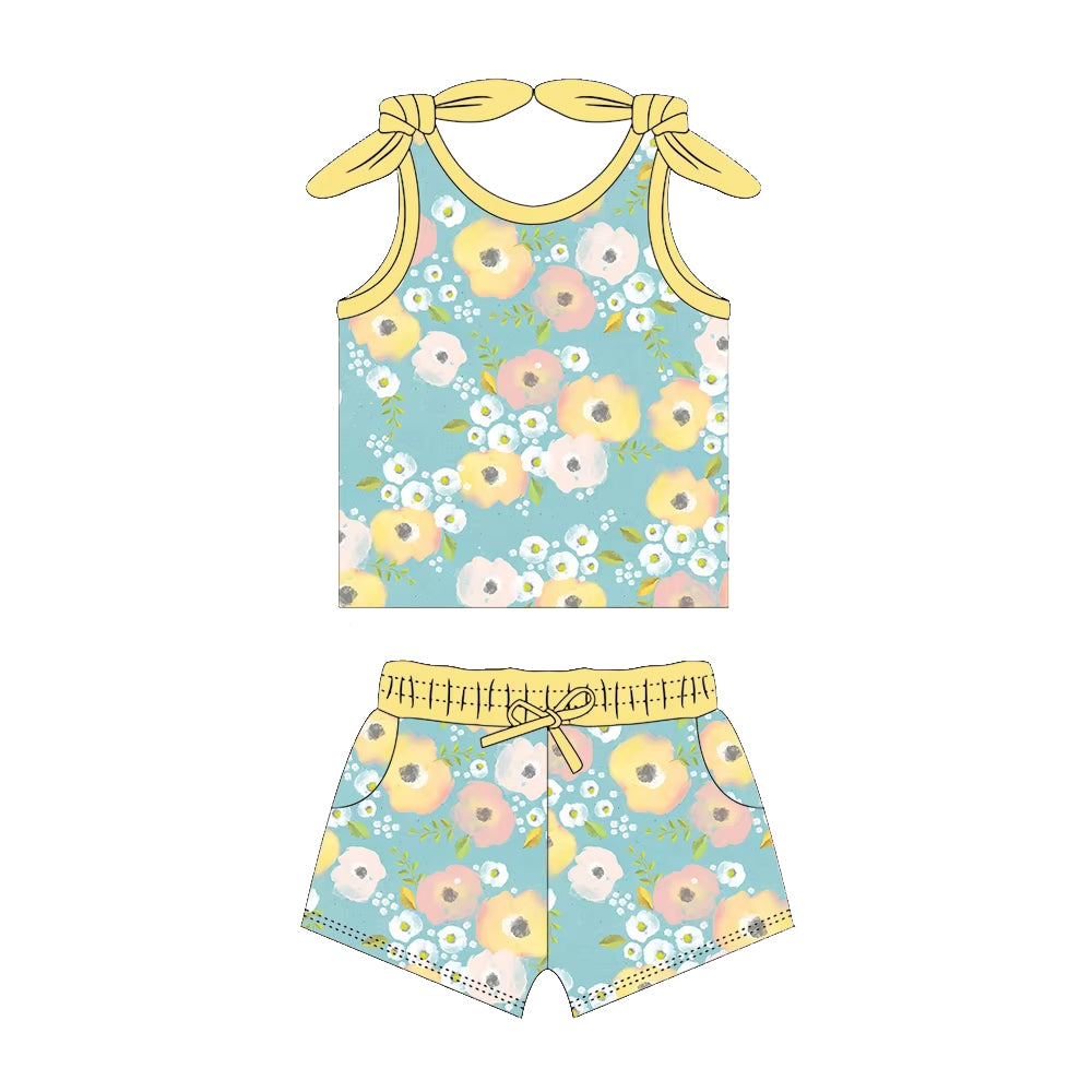 Preorder Baby Girl Sleeveless Tops Shorts Flower Yellow Clothes Set ( Moq 5 )
