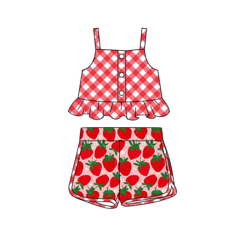 Baby Girl Straps Red Checkered Tops Strawberry Shorts Clothes Set RTS