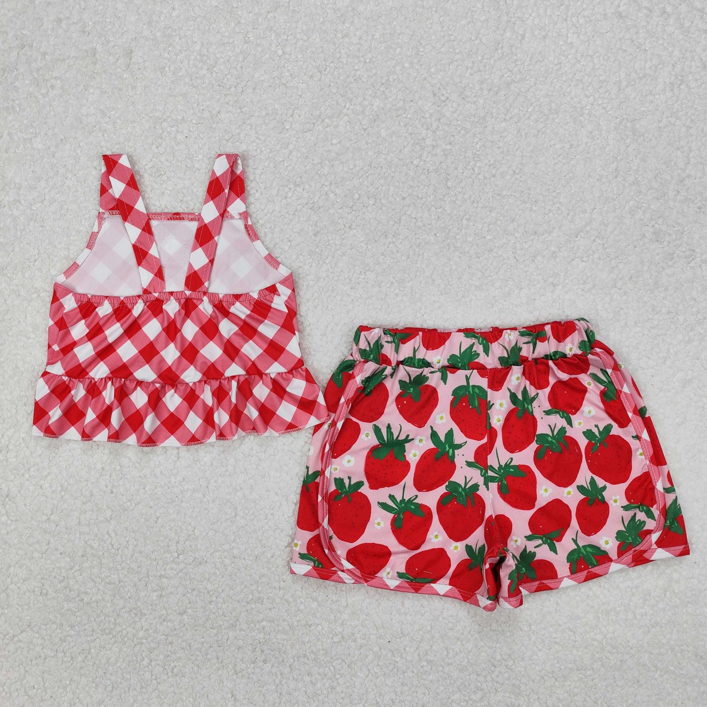 Baby Girl Toddler Sleeveless Buttons Tops Flower Strawberry Bows Shorts Clothes Sibling Summer Set RTS