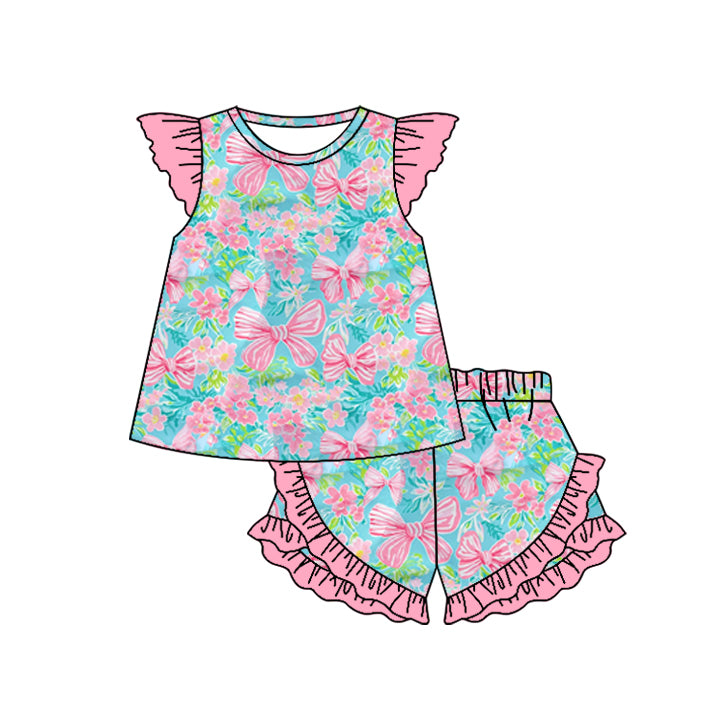 Preorder Baby Girl Short Sleeves Flower Bows Tunic Ruffle Shorts Clothes Set ( Moq 5 )