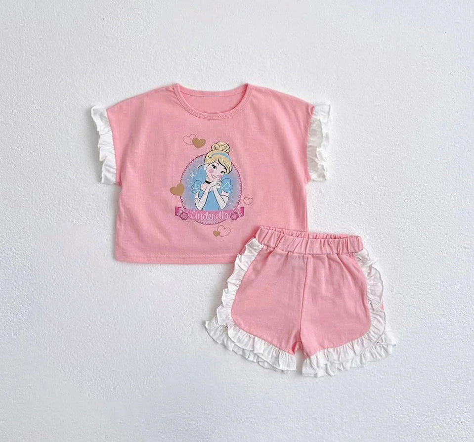 Preorder Baby Girl Short Sleeves Princess Shirt Ruffle Shorts Clothes Pink Set ( Moq 5 )