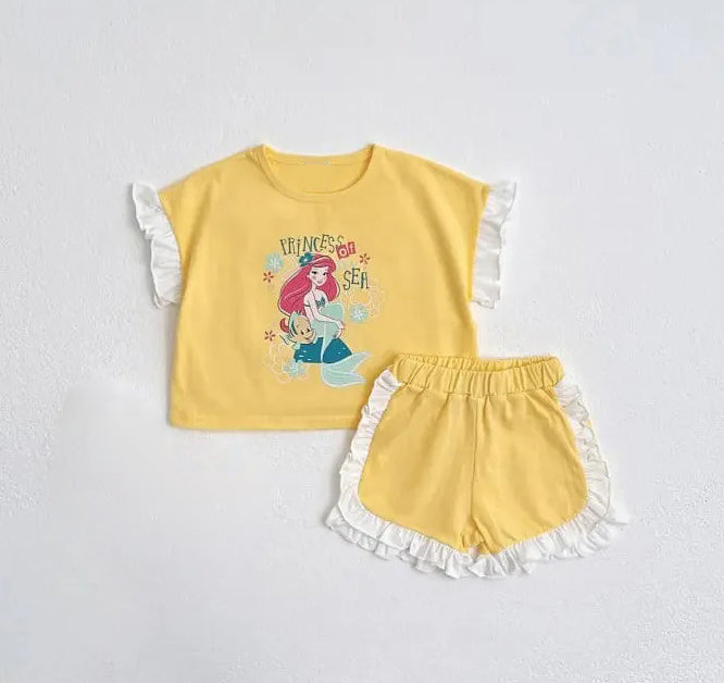 Preorder Baby Girl Short Sleeves Princess Shirt Ruffle Shorts Clothes Yellow Set ( Moq 5 )