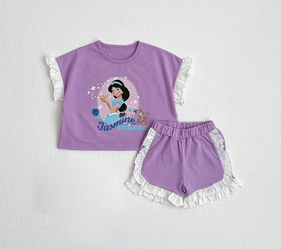 Preorder Baby Girl Short Sleeves Princess Shirt Ruffle Shorts Clothes Purple Set ( Moq 5 )