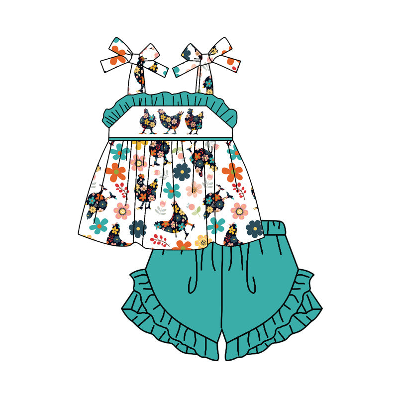 Preorder Baby Girl Straps Flower Chicken Tunic Ruffle Green Shorts Set ( Moq 5 )