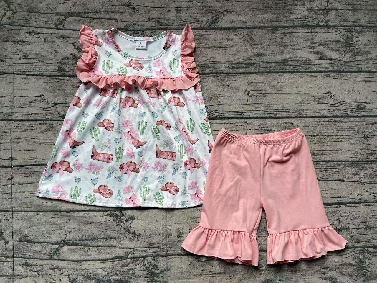 Baby Girl Short Sleeves Western Bows Boots Castus Flower Tunic Ruffle Shorts Set RTS