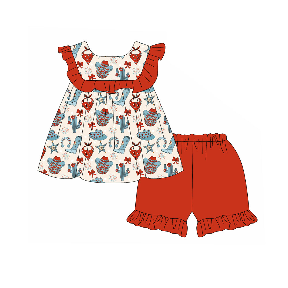 Preorder Baby Girl 4th Of July Hats Cactus Tunic Ruffle Shorts Set ( Moq 5 )