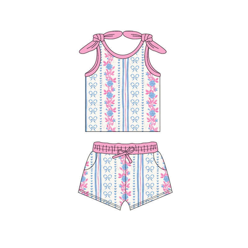 Preorder Baby Girl Stripes Bows Flower Tops Shorts Clothes Set ( Moq 5 )