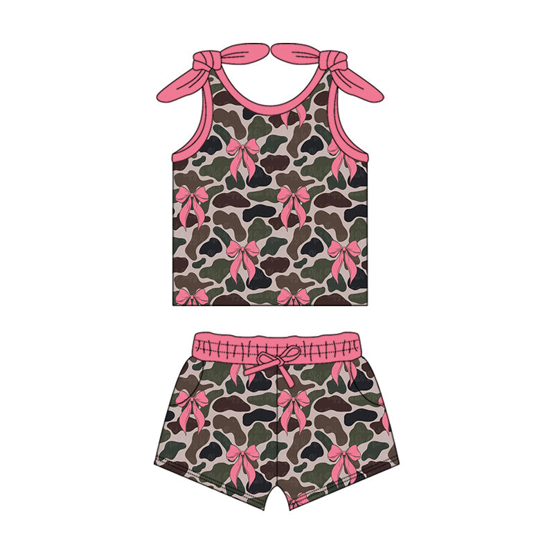 Baby Girl Straps Camo Pink Bows Tops Shorts Clothes Set RTS