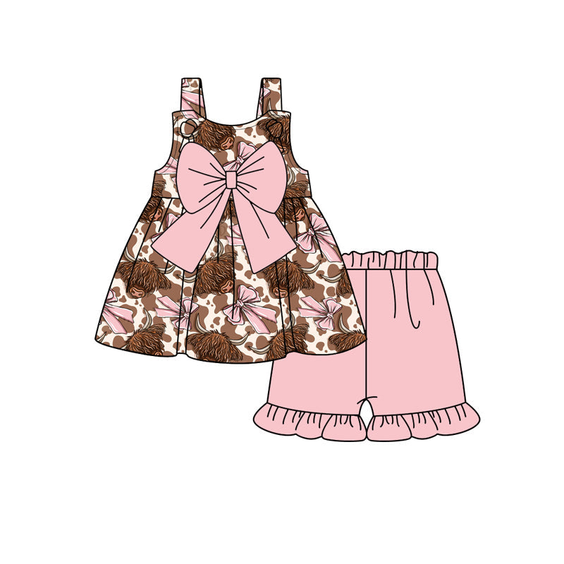 Preorder Baby Girl Straps Western Pink Bows Cow Tops Shorts Set ( Moq 5 )