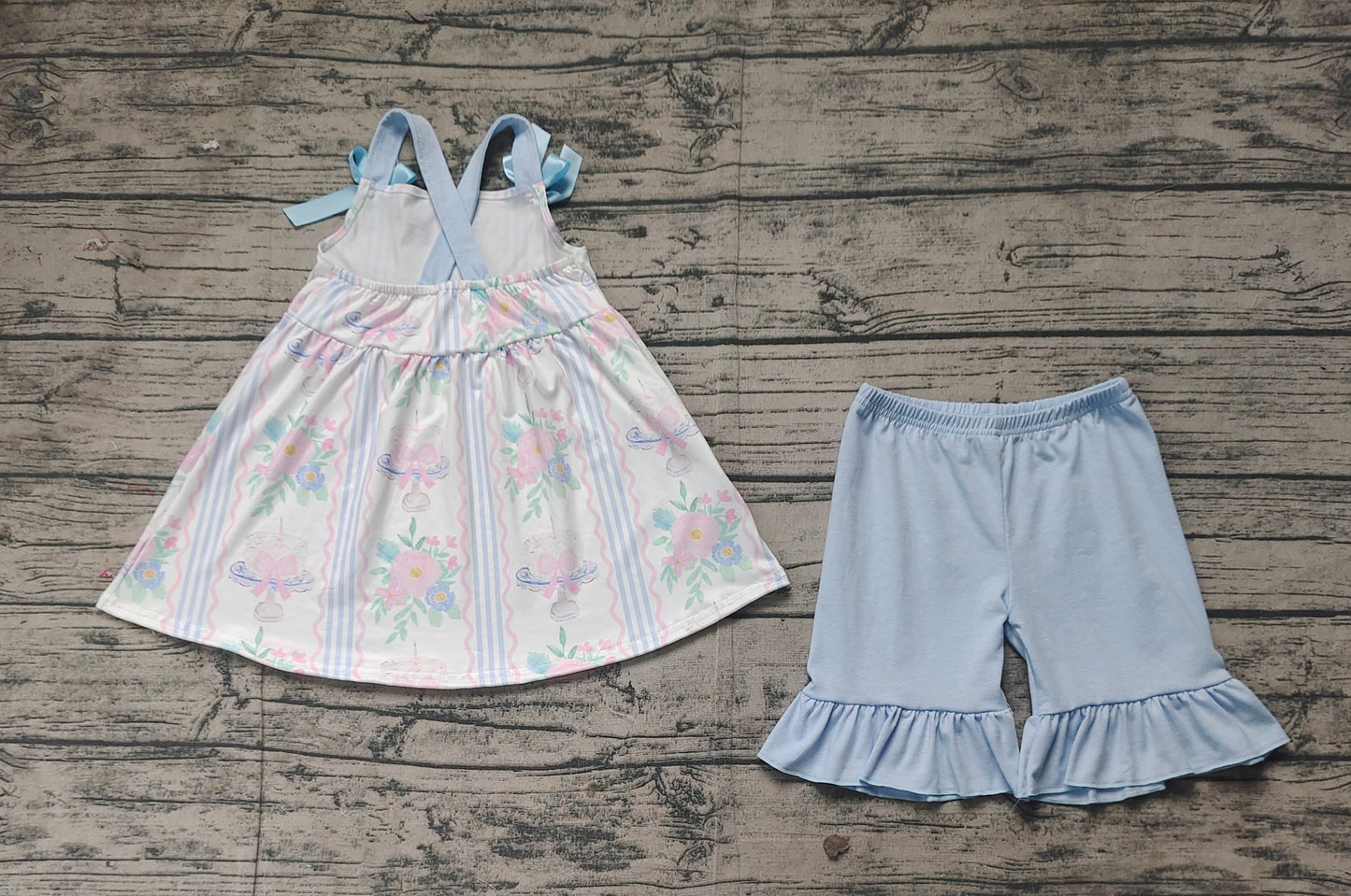 Baby Girl Infant Straps Flower Cake Birthday Tops Blue Shorts Set RTS