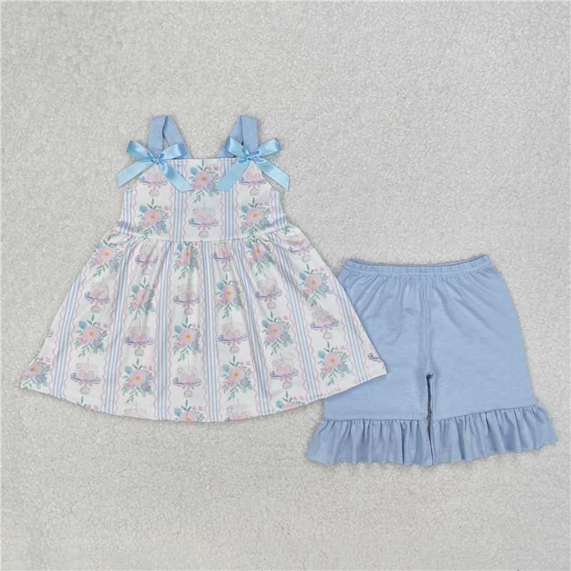 Baby Girl Straps Flower Cakes Bows Sibling Blue Dress Set Clothes RTS