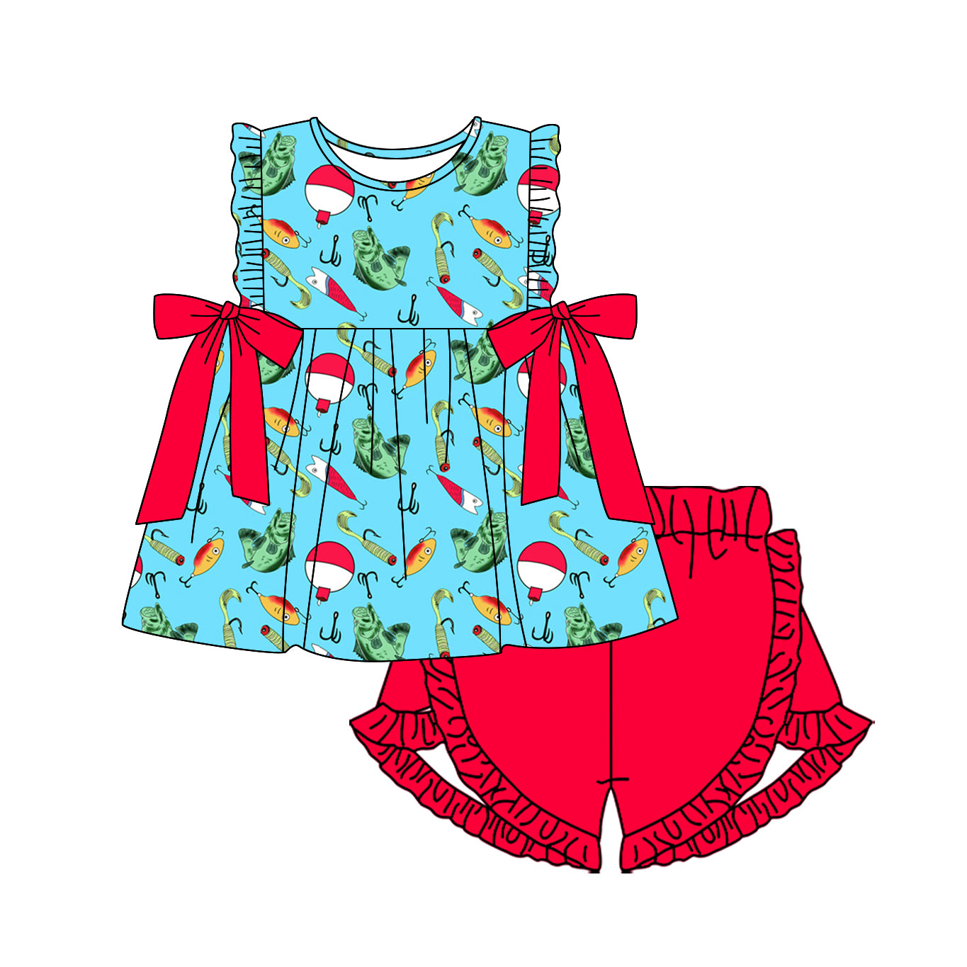 Baby Girl Short Sleeves Fishing Bows Tunic Red Ruffle Shorts Clothes Set RTS