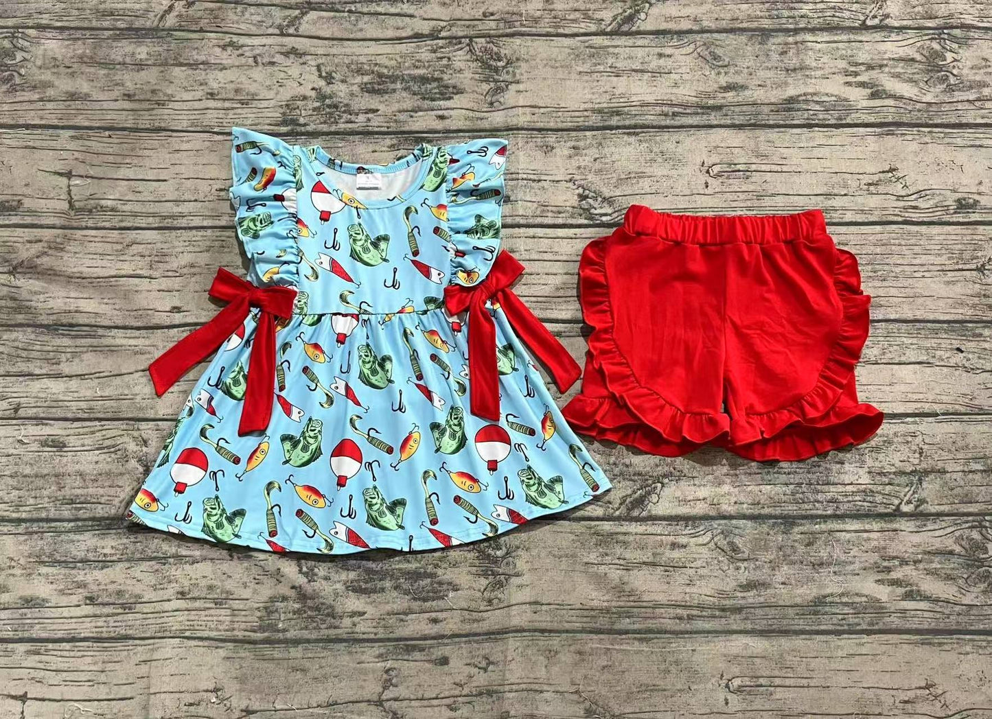 Baby Girl Short Sleeves Fishing Bows Tunic Red Ruffle Shorts Clothes Set RTS