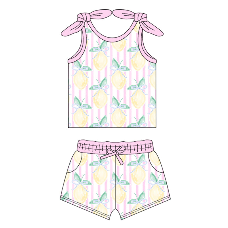 Preorder Baby Girl Straps Pink Stripes Lemon Shirt Shorts Clothes Set ( Moq 5 )