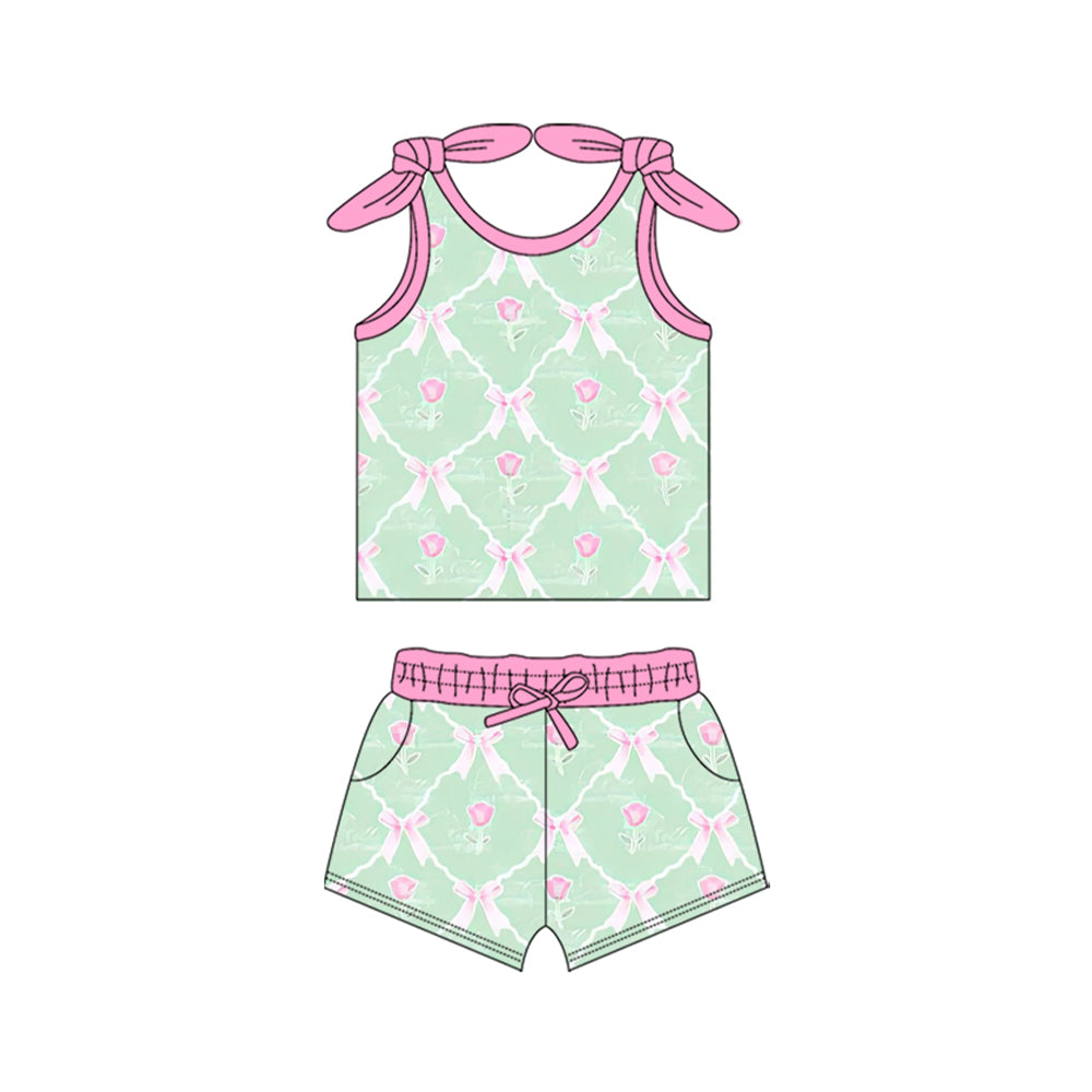 Preorder Baby Girl Straps Flower Bows Shirt Shorts Clothes Green Set ( Moq 5 )