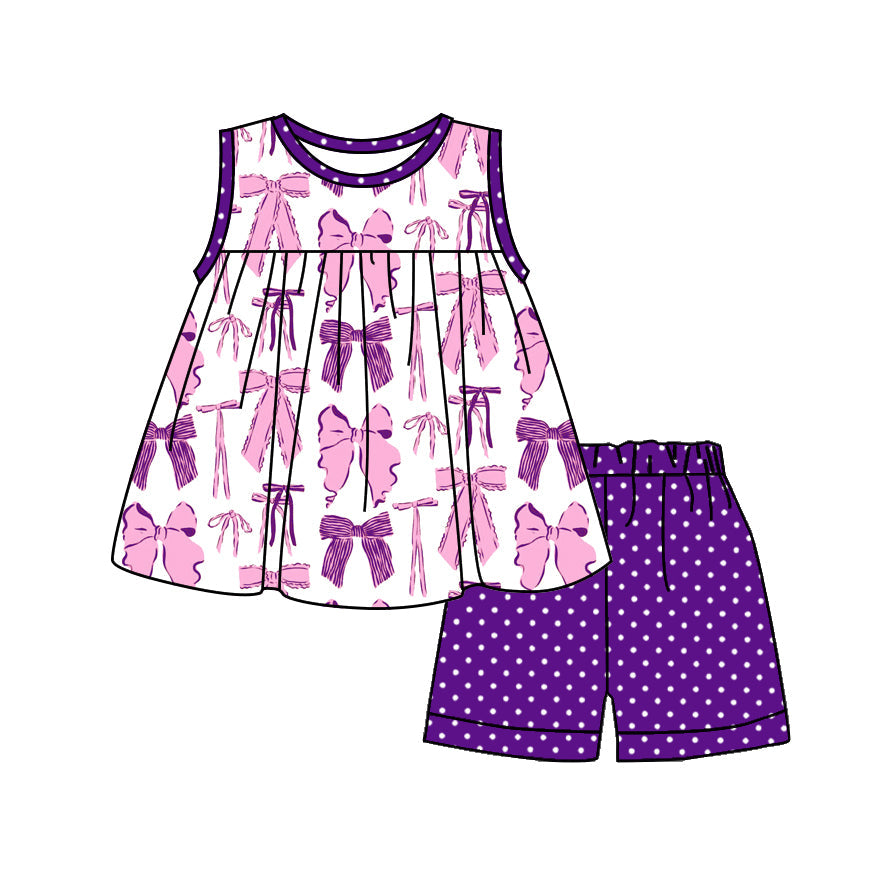 Baby Girl Sleeveless Bows Tunic Dots Purple Shorts Clothes Set RTS