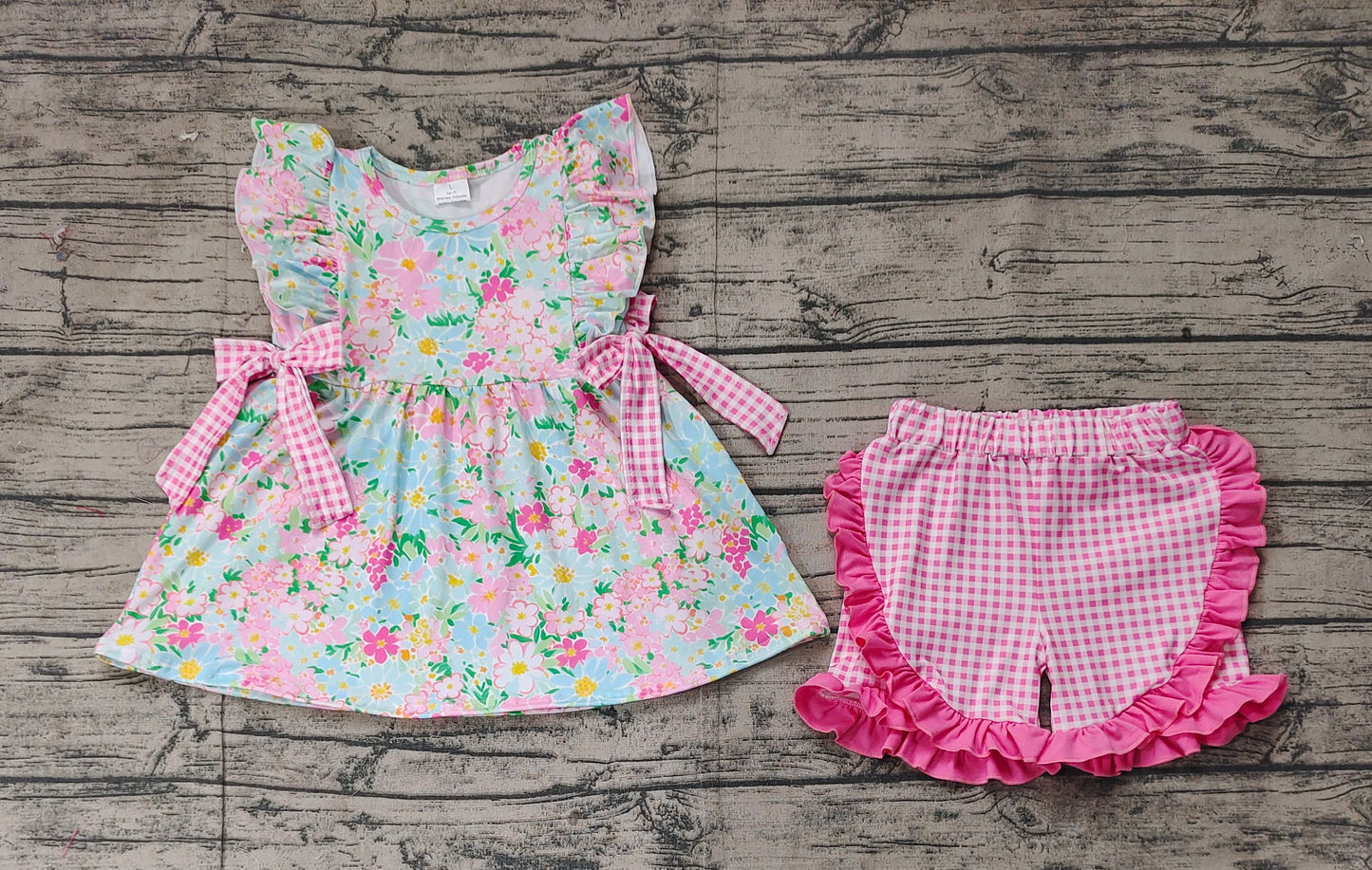 Baby Girl Short Sleeves Flower Bows Tunic Pink Checked Shorts Set RTS