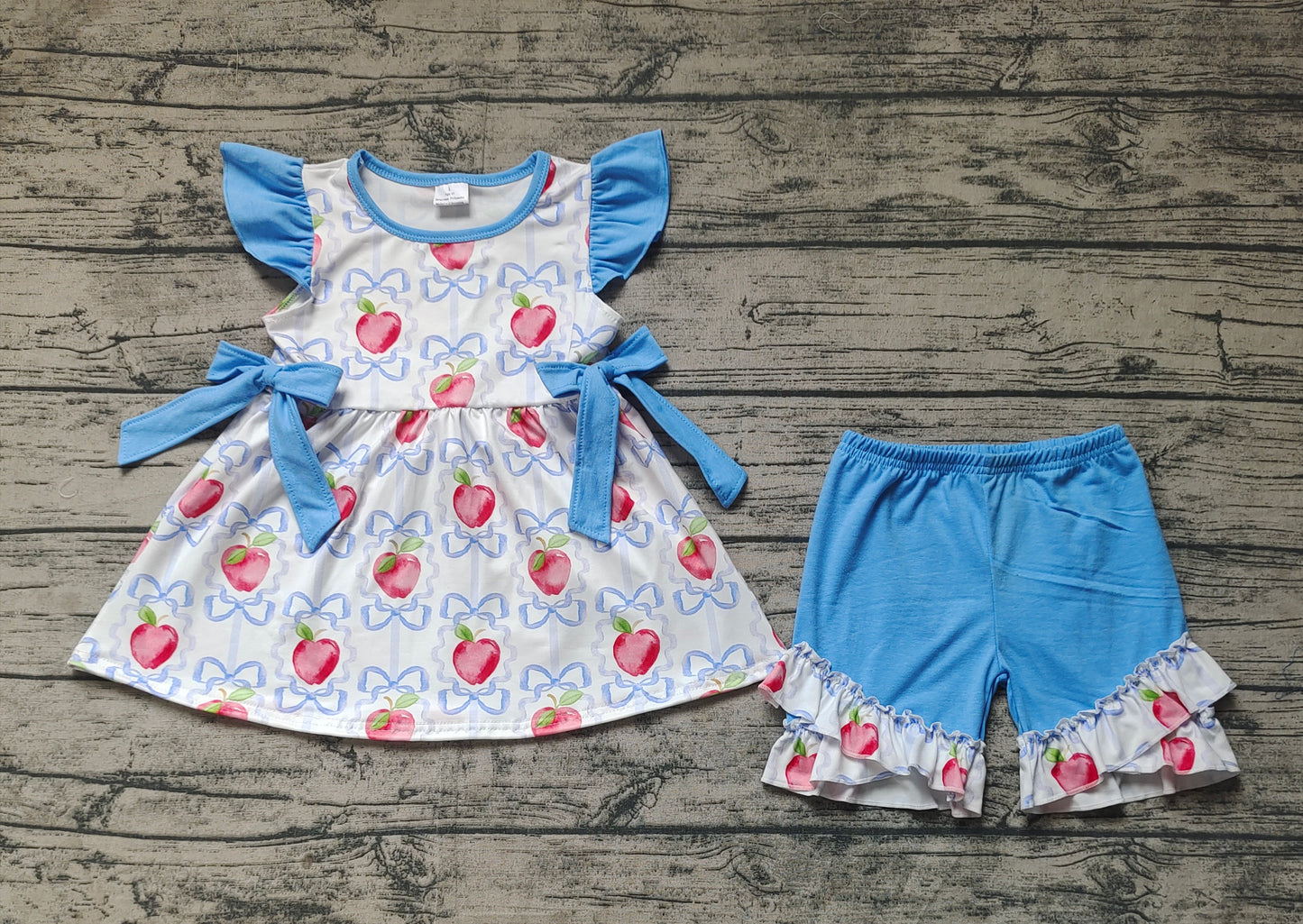 Baby Girl Back To School Apple Bows Tunic Blue Ruffle Shorts Set RTS