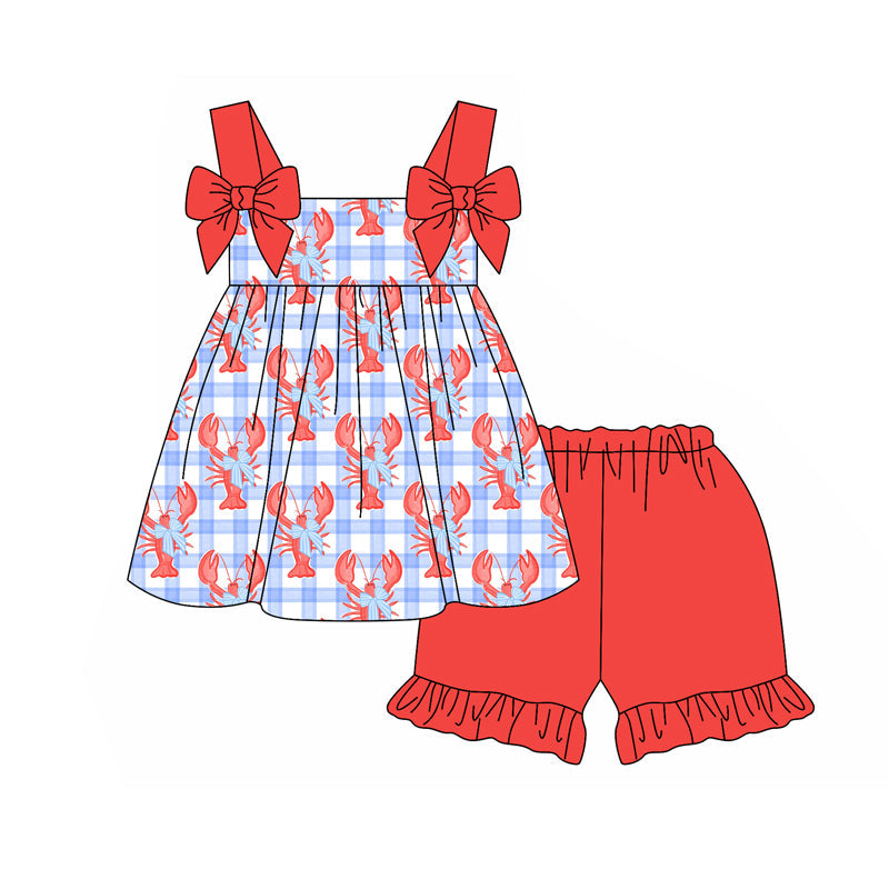 Preorder Baby Girl Straps Checkered Crawfish Bows Tops Shorts Clothes Set ( Moq 5 )