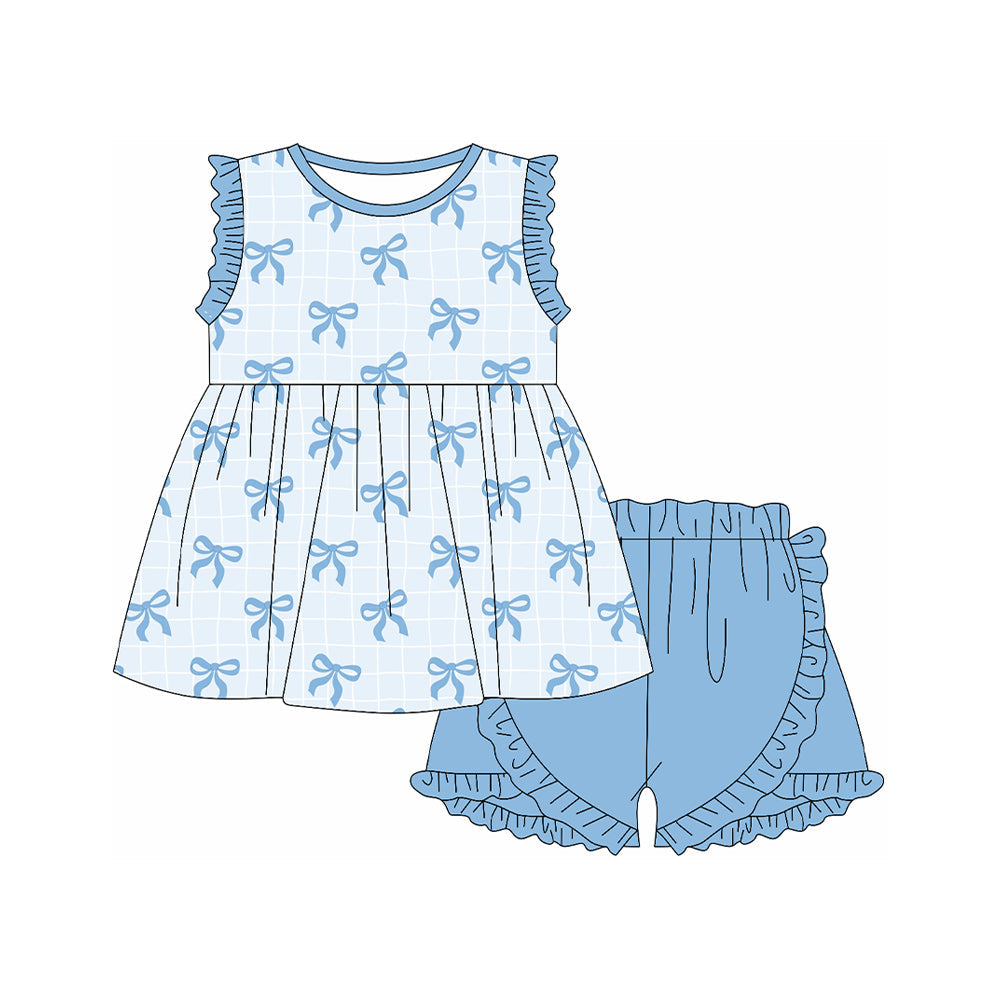 Baby Girl Sleeveless Blue Bows Tunic Ruffle Shorts Clothes Set RTS