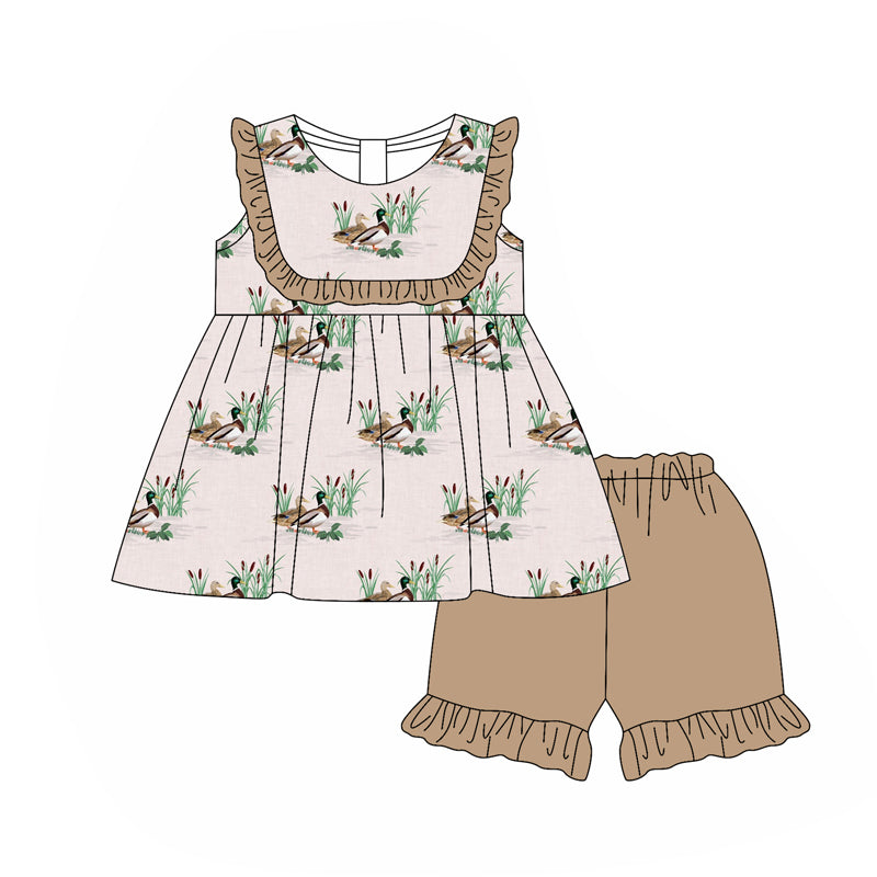 Preorder Baby Girl Sleeveless Ducks Ruffle Tunic Ruffle Shorts Clothes Set ( Moq 5 )