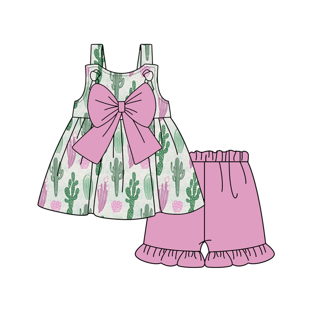 Preorder Baby Girl Cactus Pink Bow Tunic Ruffle Shorts Clothes Set ( Moq 5 )