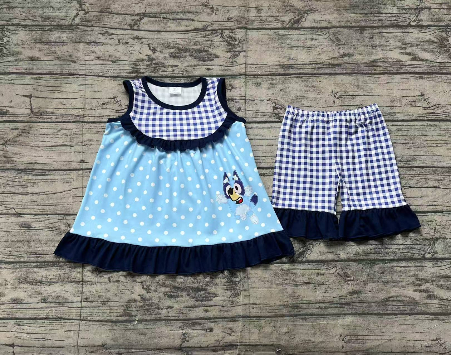 Baby Girl Blue Dots Dogs Tunic Checked Shorts Clothes Set RTS