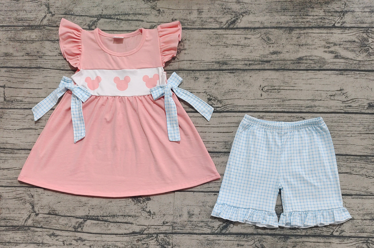 Baby Girl Kids Toddler Cartoon Mouse Bows Tunic Ruffle Checked Shorts Clothes Set RTS