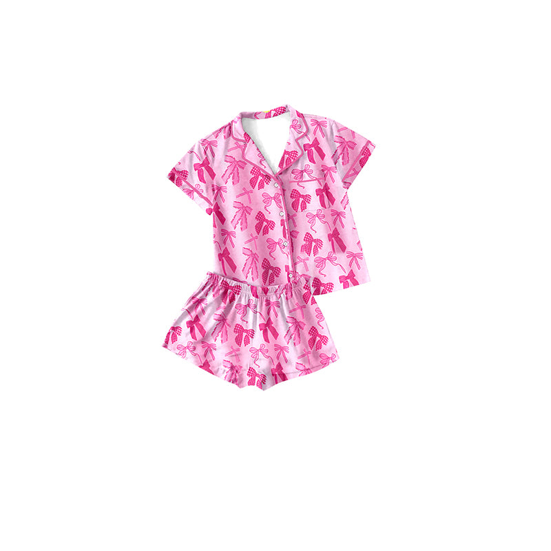 Preorder Baby Girl Kids Toddler Pink Bows Buttons Shirt Shorts Pajamas Clothes Set ( Moq 5 )