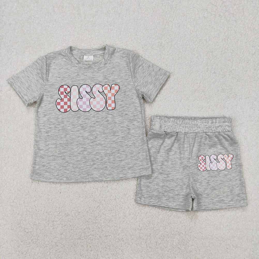 Baby Boy Girl Short Sleeves Vinyl Shirt Cotton Grey Shorts Sibling Clothes Set RTS