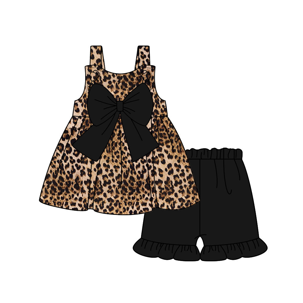 Preorder Baby Girl Kids Toddler Straps Leopard Black Bow Tunic Ruffle Shorts Clothes Set ( Moq 5 )