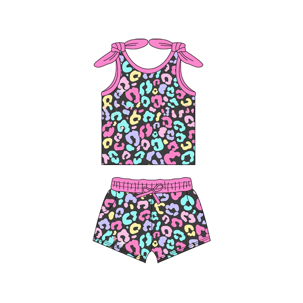 Preorder Baby Girl Straps Colorful Leopard Bows Tops Shorts Clothes Set ( Moq 5 )