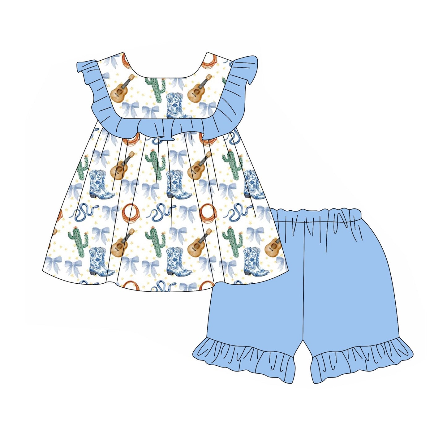 Preorder Baby Girl Western Boots Cactus Bows Tunic Blue Ruffle Shorts Clothes Set ( Moq 5 )