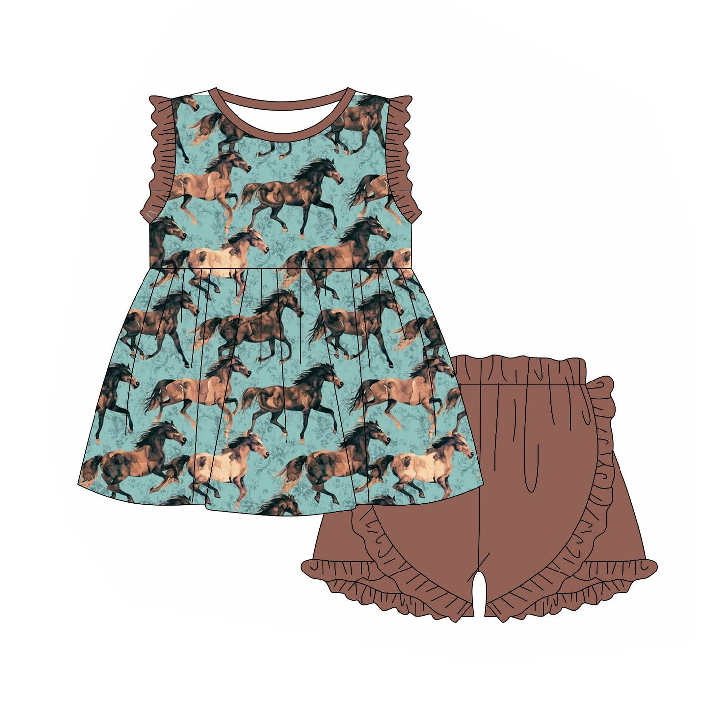 Preorder Baby Girl Kids Toddler Summer Western Horses Tunic Ruffle Shorts Clothes Set ( Moq 5 )