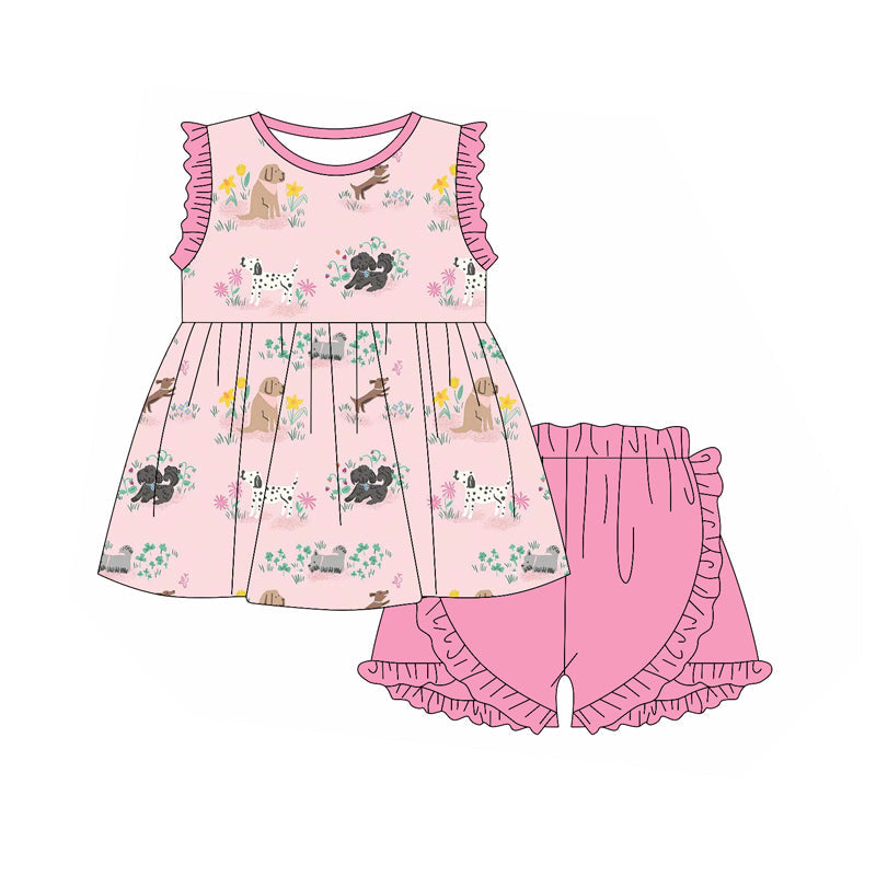Preorder Baby Girl Kids Toddler Flower Dogs Tunic Ruffle Pink Shorts Clothes Set ( Moq 5 )