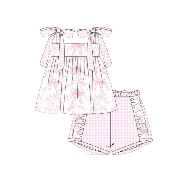 Preorder Baby Kids Straps Bows Tunic Ruffle Checked Shorts Clothes Pink Set ( Moq 5 )