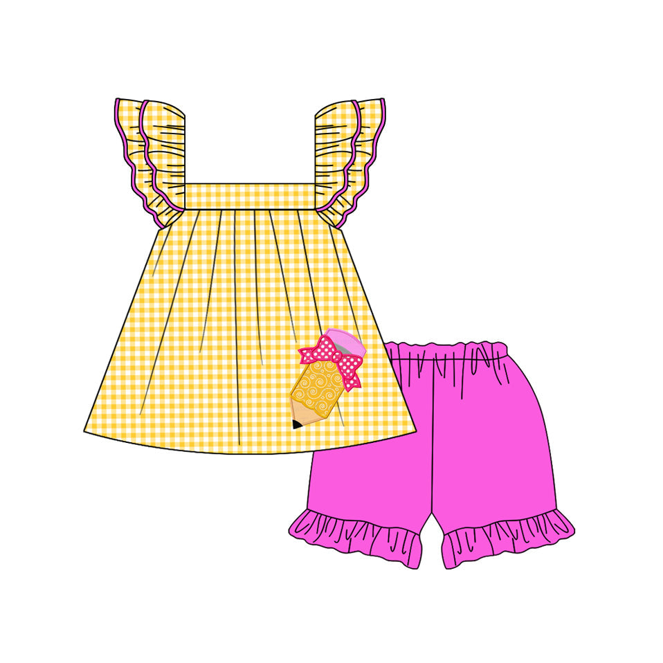 Preorder Baby Girl Back To School Pencil Bow Yellow Checked Tunic Shorts Clothes Set ( Moq 5 )