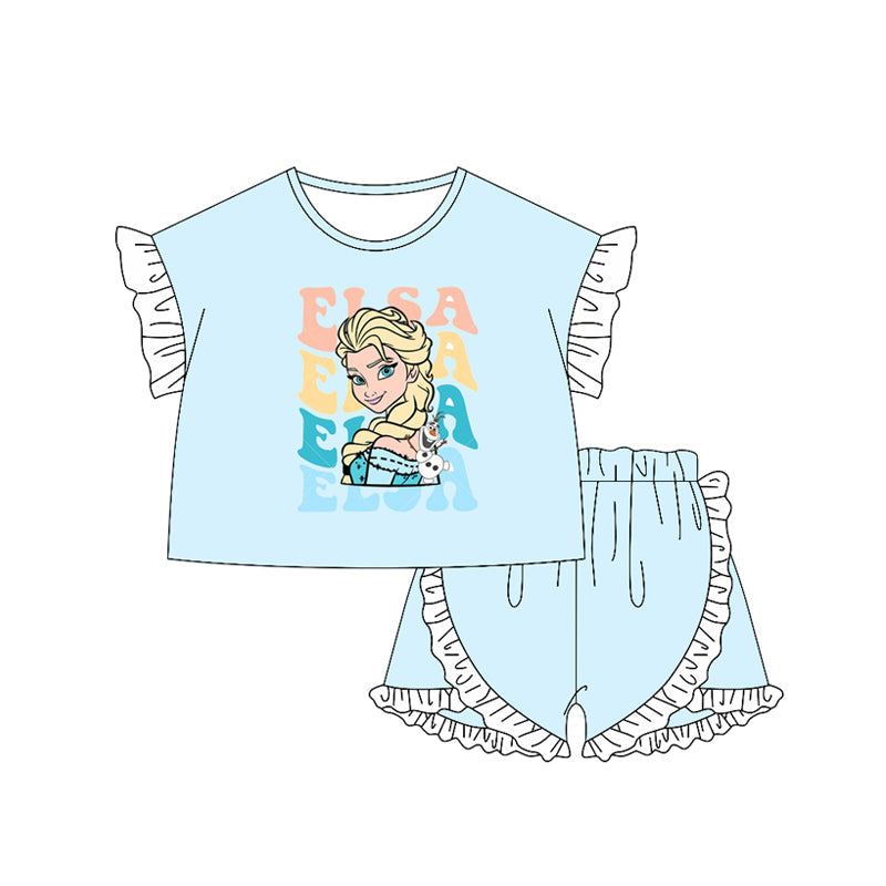 Preorder Baby Girl Kids Princess Light Blue Shirt Ruffle Shorts Clothes Set ( Moq 5 )