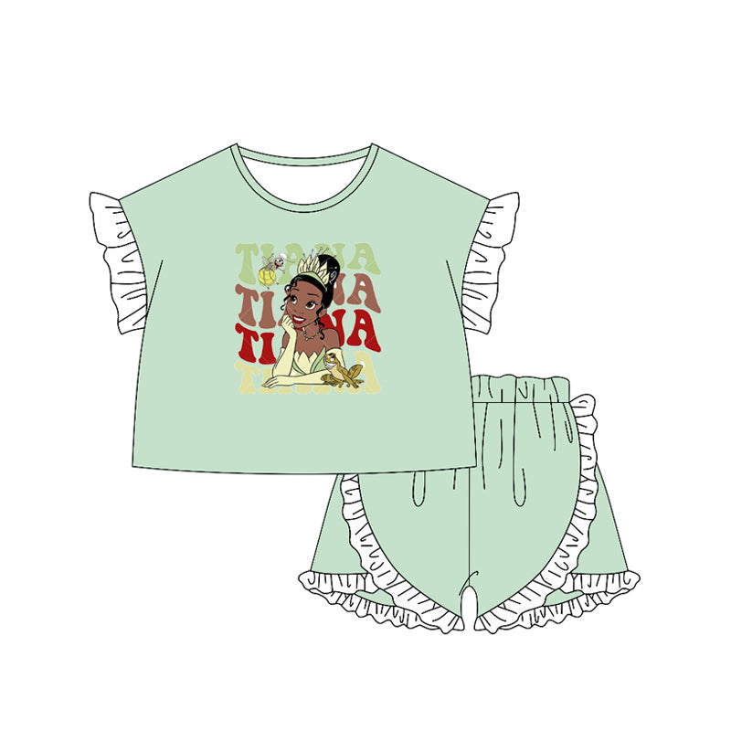 Preorder Baby Girl Kids Princess Green Shirt Ruffle Shorts Clothes Set ( Moq 5 )