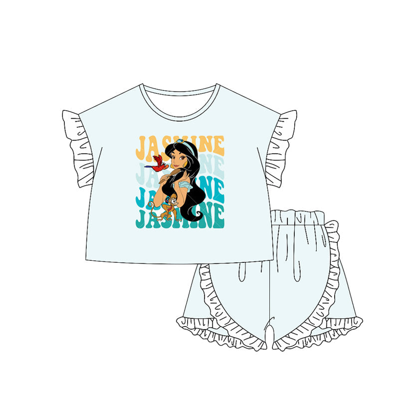 Preorder Baby Girl Kids Short Sleeves Princess Shirt Ruffle Shorts Clothes Set ( Moq 5 )
