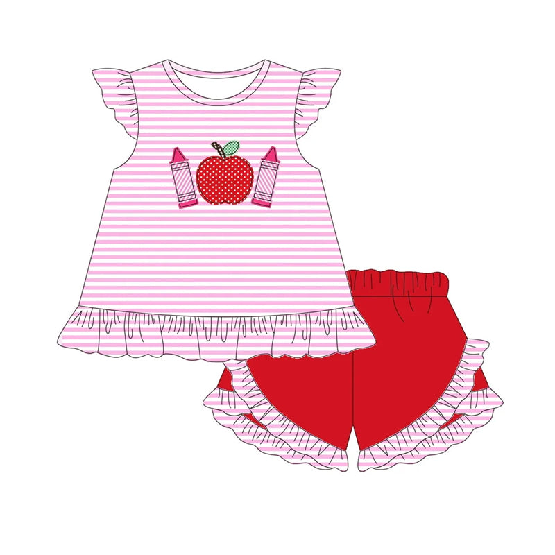 Preorder Baby Girl Kids Back To School Apple Pencil Stripes Tunic Ruffle Shorts Set ( Moq 5 )