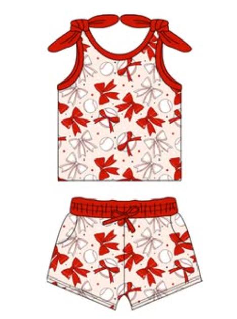 Preorder Baby Girl Straps Baseball Red Bows Shirt Shorts Clothes Set ( Moq 5 )