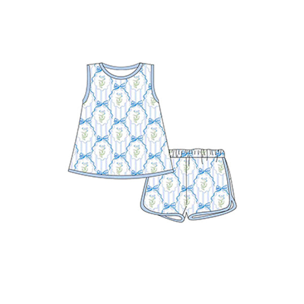 Preorder Baby Girl Blue Bows Flower Tunic Shorts Clothes Set ( Moq 5 )