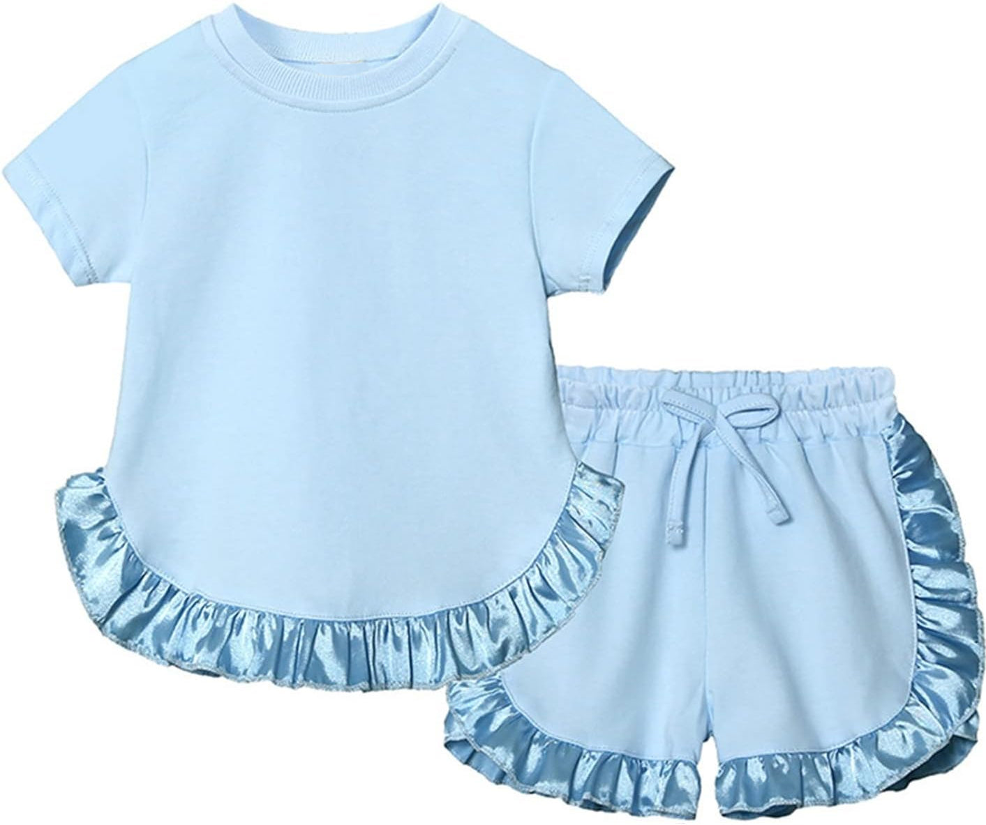 Baby Girl Short Sleeves Blue Cotton Shirt Ruffle Shorts Clothes Set RTS